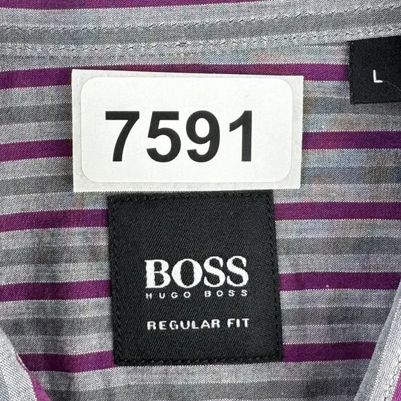 Hugo Boss Purple/Grey Striped Cotton Regular Fit Button Down Shirt Size Large - Picture 15 of 15